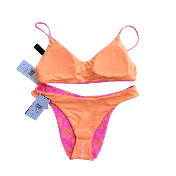 🌸 Hurley Smiley Checker Bikini Set L Neon Pink Orange Swim Top & Bottom - Picture 7 of 7